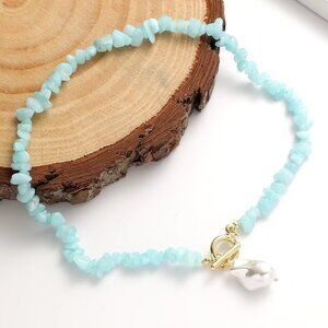 Women's Fashion Natural Stone Beaded Pearl Pendant Necklace, Blue Stone